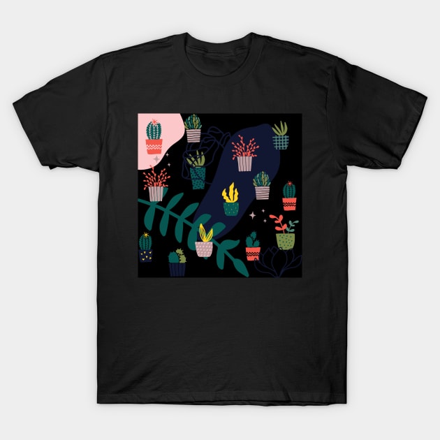 Cactus Plants Pattern Pinky Black T-Shirt by FoxParadox